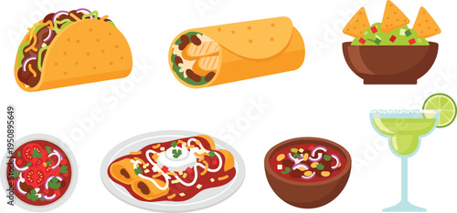Mexican Food Vector Set Featuring Tacos, Burritos, Salsa, Nachos, and Margarita for Restaurant Menus and Food Blogs