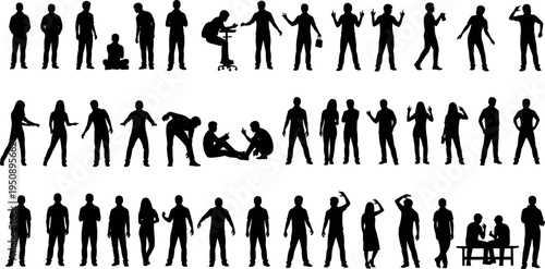 Collection of human silhouettes in various poses isolated on light background, diverse people standing, walking, sitting, working, social interaction concept for vector design