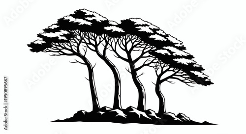Striking black silhouette illustration of three majestic coniferous trees on a rocky terrain landscape graphic design