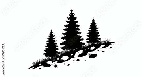 Silhouette of three pine trees on a rocky hill with grass and shadows, black and white graphic illustration