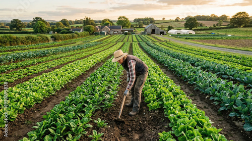 Farmer tending to crops in a lush, green field.