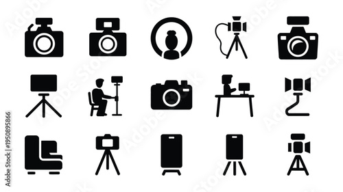 Vlogger workspace silhouette logos and icons for video production and social media content creation tools