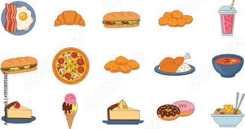 Collection of Delicious Fast Food and Desserts Icons Featuring Breakfast, Pizza, Ice Cream, and Sweets for Menus, Blogs, and Digital Media