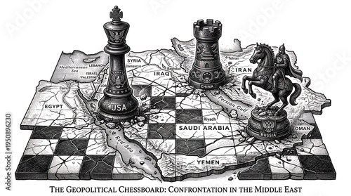 Strategic Geopolitical Confrontation in the Middle East Represented by Chessboard.