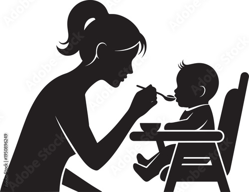 Mother feeding baby with spoon in high chair silhouette vector graphic