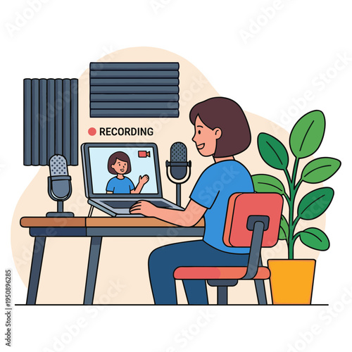 Woman records podcast episode with guest on laptop at home office desk