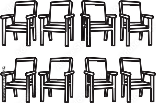 Eight identical wooden chairs arranged in two rows of four Vector