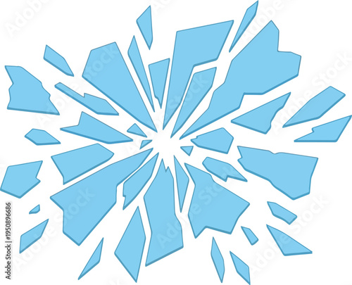 Abstract explosion of light blue fragments radiating outwards from a central point, suggesting a shattering or bursting effect in a minimalist design