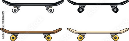 Skateboard collection in side view isolated on light background, classic street skate decks with wheels, urban sport equipment illustration for skate culture design
