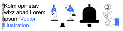 Business ethics, decision-making, cryptocurrency, balance, notifications, financial growth. Two people standing on scales, a ringing bell and a hand holding a Bitcoin-themed branch. Balance