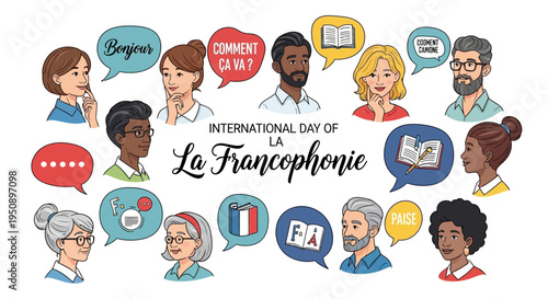 Illustration celebrating International Day of La Francophonie with diverse people and French language elements on a white background.