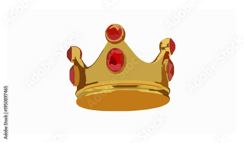 Shiny golden crown with ruby gemstones 3D render icon isolated on white royal symbol illustration