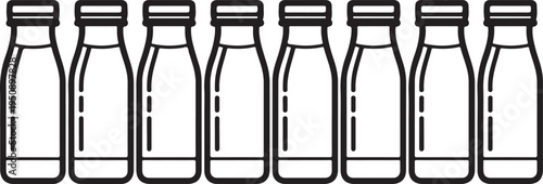 Eight identical empty glass bottles lined up in a row on a white background Vector
