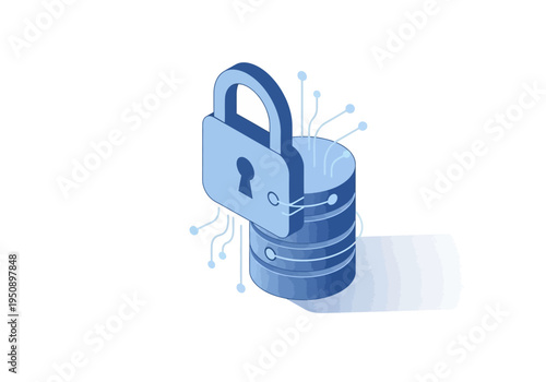 Secure data storage concept with an unlocked padlock superimposed on a database cylinder, symbolizing digital information protection