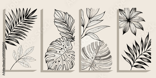 Botanical illustration set featuring various tropical leaves in grayscale