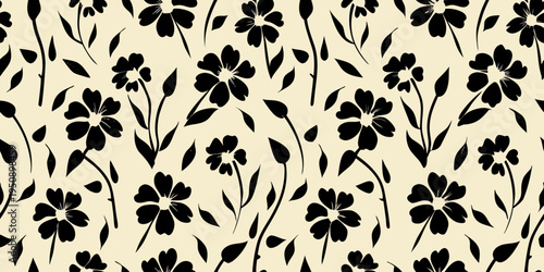 Seamless pattern of delicate black floral silhouettes on a cream background