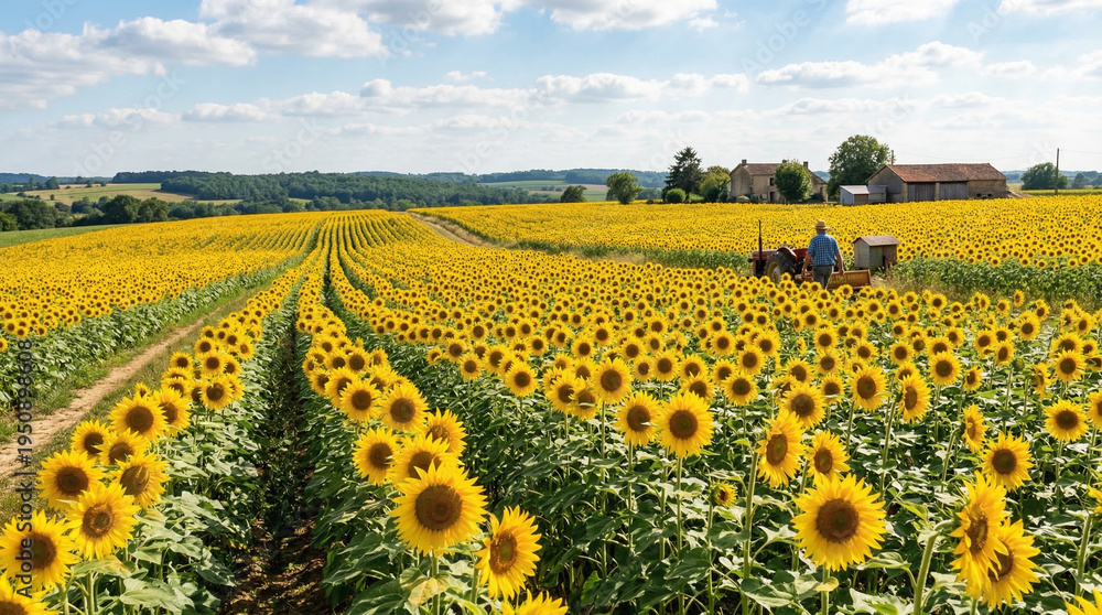 Naklejka premium Vibrant sunflower field with a tractor and rural landscape.