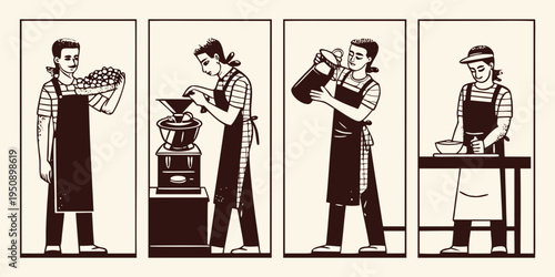 Four illustrations depict a coffee making process from bean to serving