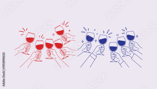 People toasting with wine glasses in red and blue Vector Illustration