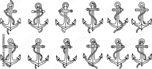 A collection of twelve distinct anchor illustrations in a monochromatic design Vector