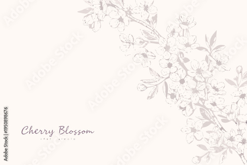 Delicate cherry blossom branches adorn the lower right corner of frame
