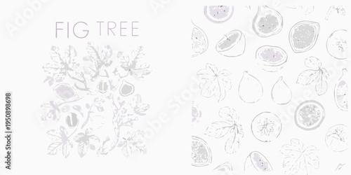 Stylized fig tree and sliced figs pattern on a white background