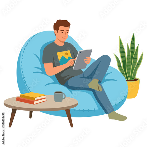 A man sits on a beanbag chair in a living room reading a tablet.