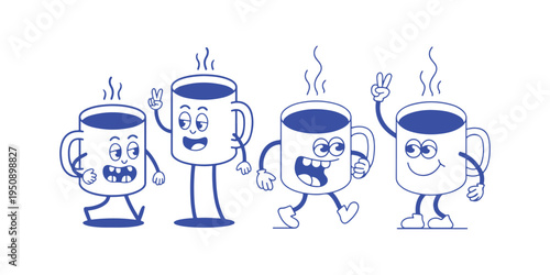 Four cartoon coffee cups with different facial expressions Vector Illustration