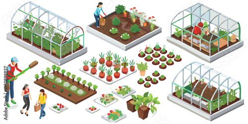 Isometric illustration of a thriving garden with greenhouses and people