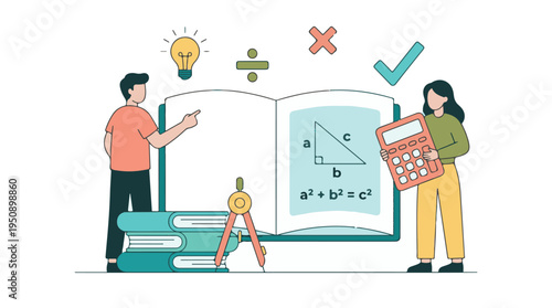 Students learning mathematics with books, calculator, and geometry tools
