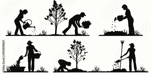 Silhouettes of people gardening watering planting and tending to plants