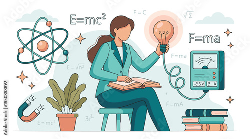 Female Scientist Studying Physics with Educational Elements and Formulas