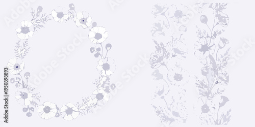 Delicate floral wreath and botanical illustrations in pastel lavender hues