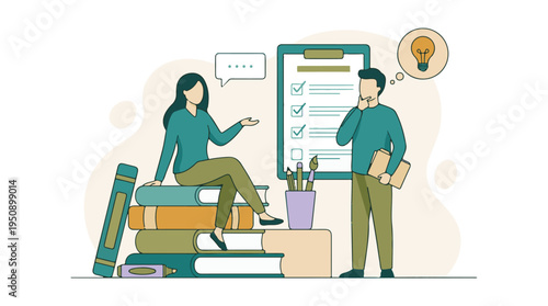 People discussing ideas, planning, and learning with books and checklist