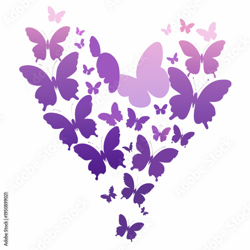 A heart shape composed of numerous purple butterflies in varying sizes