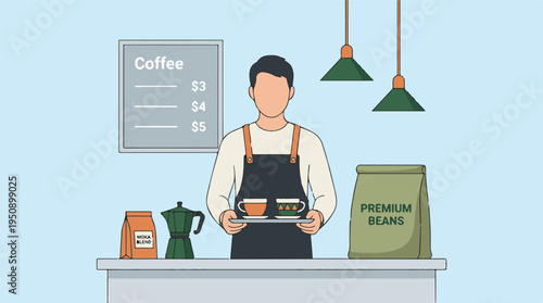 Barista serving coffee in a modern cafe with a menu and coffee products