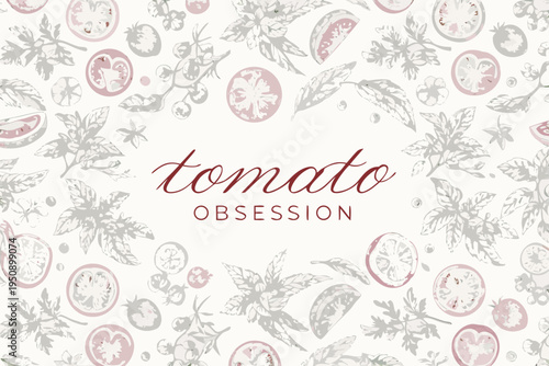 A vintage style pattern featuring tomatoes and botanical illustrations
