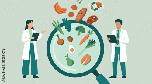 Scientists analyzing various food items for nutrition and quality