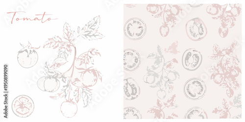 Vintage tomato illustration with repeating pattern on a pale background