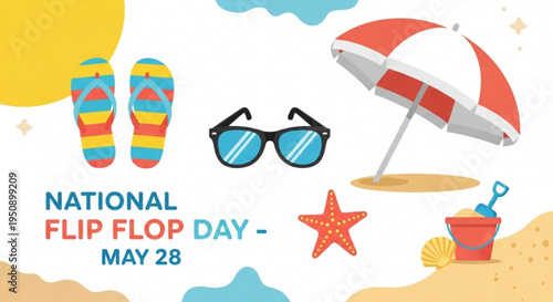 National flip flop day may 28 beach illustration with sunglasses umbrella and starfish