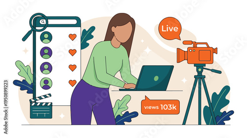 Female content creator live streaming, working on laptop with camera and social media