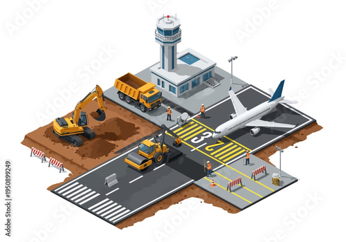 Airport runway construction and maintenance with heavy machinery and aircraft operations