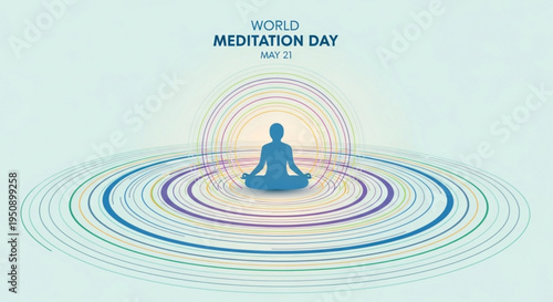 Person meditating in lotus position on world meditation day with colorful concentric circles and rainbow hues