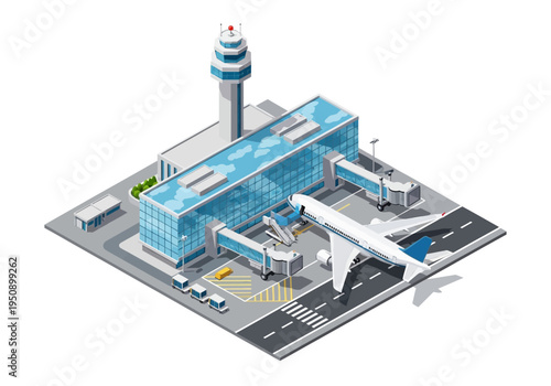 Modern Airport Terminal with Airplane and Jet Bridge - Isometric Vector Illustration