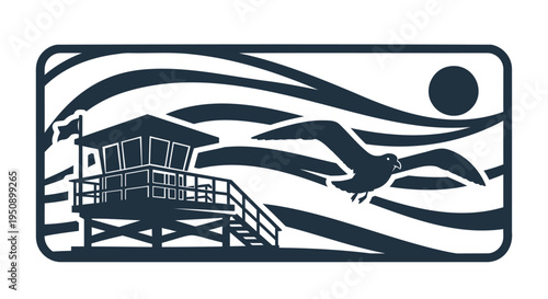 Vector illustration of lifeguard tower with seagull and sunset