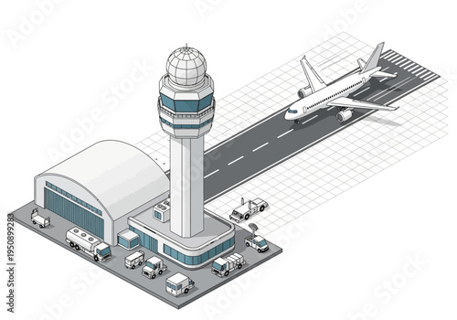 Modern Airport Scene with Airplane, Control Tower, and Service Vehicles