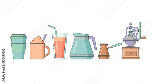 Flat design vector illustration of various drinks and coffee making tools