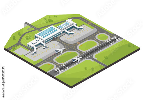 Isometric view of a modern airport terminal with airplanes on the runway and tarmac