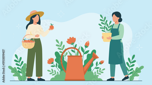Women gardening and harvesting fresh fruits and plants in spring