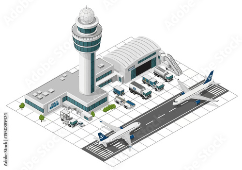 A bustling isometric airport scene with airplanes, control tower, and ground vehicles